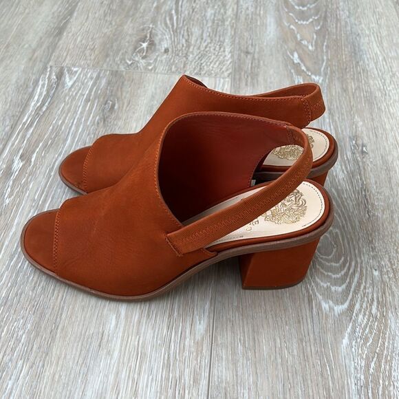 Vince Camuto Leather Peep-Toe Heeled Sandals Kaisly Burnt Orange - Picture 9 of 13